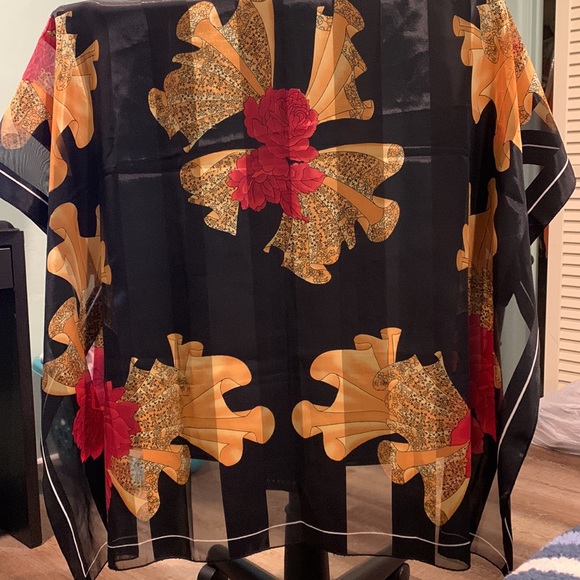 Silk Scarf wrap purchased in Spain. 40”x39”. Black, gold, red. No tags. - Picture 2 of 5